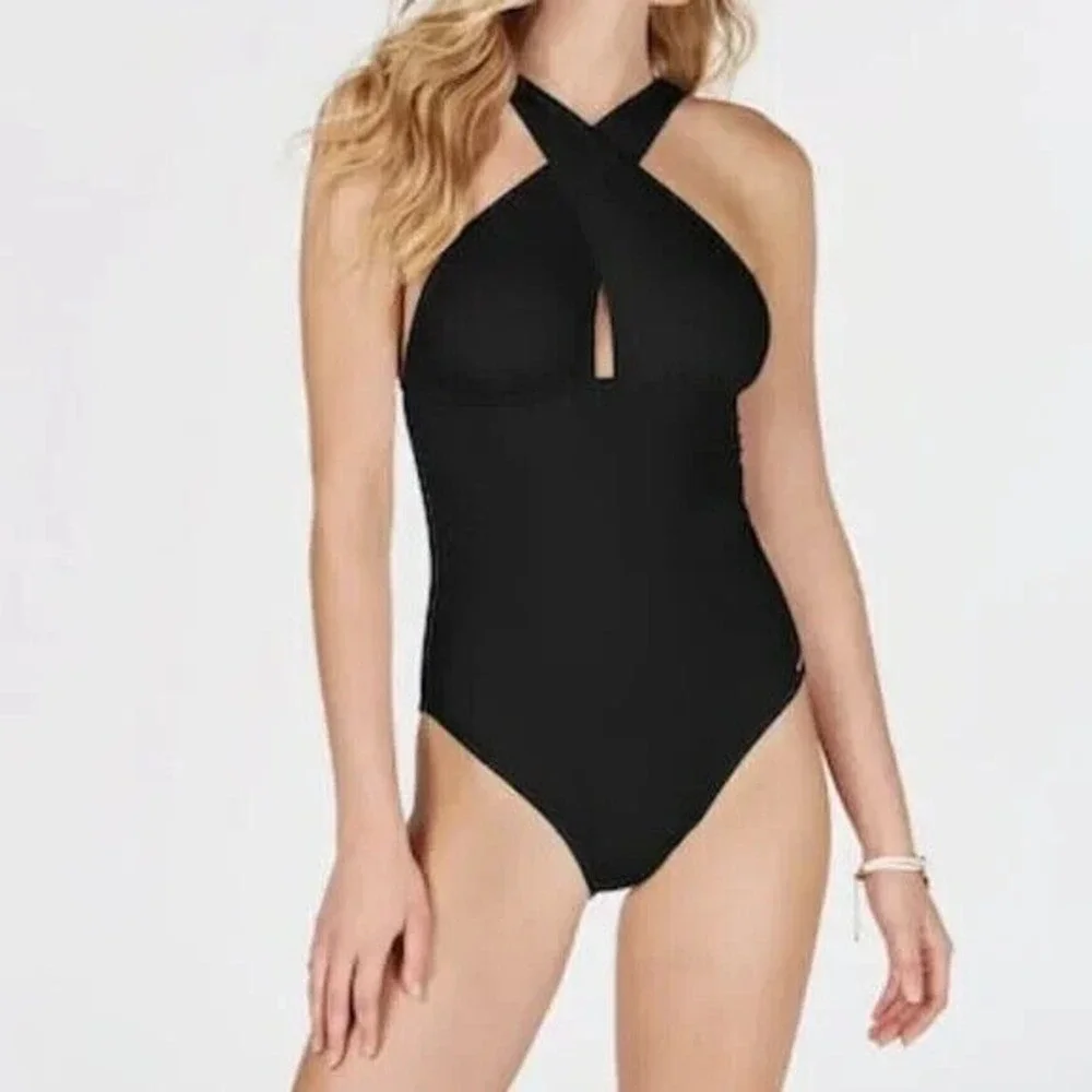 MICHAEL MICHAEL KORS Solid Convertible Ruched One Piece Black Size‎ 14